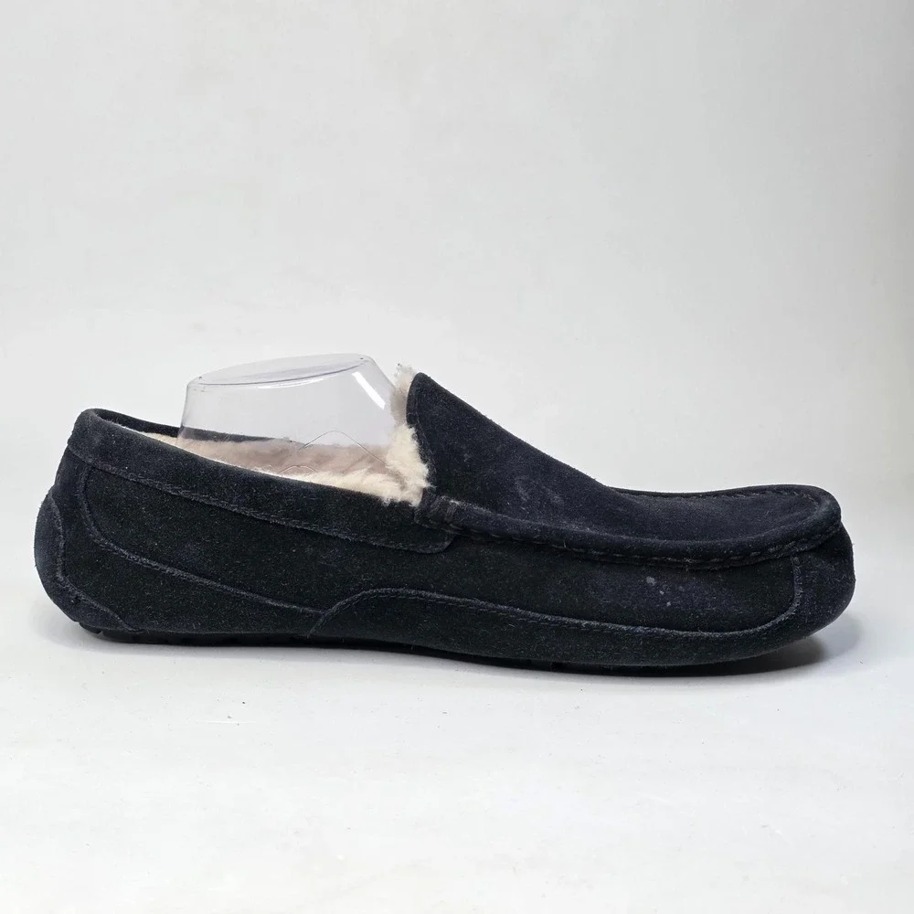 UGG Ascot Men's Slippers Size 12 UK11 Black Suede Shearling Lined Moccasin Shoes